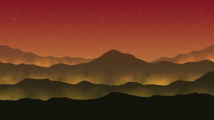 Landscape illustration with mist and fog