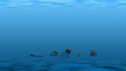 Plastic bottles on sea floor