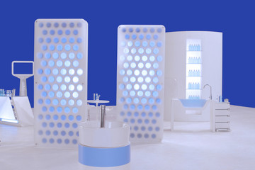 setup of dental care booth on the blue screen