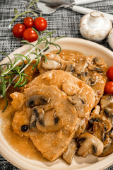 Braised pork chop with mushrooms.