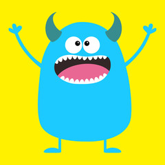 Cute blue monster icon. Happy Halloween. Cartoon colorful scary funny character. Eyes, tongue, horns, holding hands up. Funny baby collection. Yellow background Isolated. Flat design.