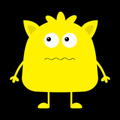 Cute yellow monster icon. Happy Halloween. Cartoon colorful scary funny character. Eyes, ears, mouth, hair. Funny baby collection. Black background Isolated. Flat design.