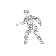 Walking man, primitive drawing in black pencil on a white background