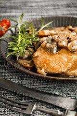 Braised pork chop with mushrooms.