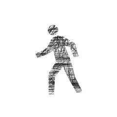 Walking man, primitive drawing in black pencil on a white background