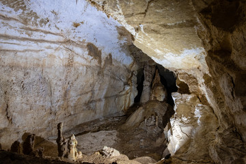 Cave stalactites, stalagmites, and other formations at Marble cave, Crimea