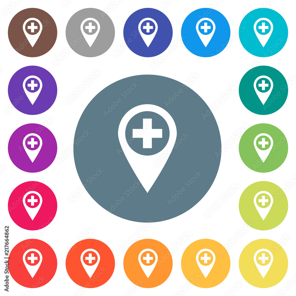Poster add new gps map location flat white icons on round color backgrounds