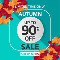 Autumn sale banner template with leaves, fall leaves for shopping sale. banner design. Poster, card, label, web banner. Vector illustration	