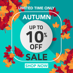 Autumn sale banner template with leaves, fall leaves for shopping sale. banner design. Poster, card, label, web banner. Vector illustration	