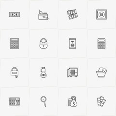 Ecommerce line icon set with lock, basket and calculator