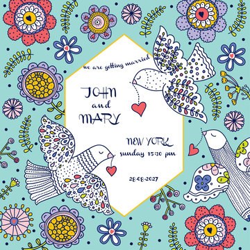 Wedding invitation with flowers and pigeons. Romantic, gentle, in love design.