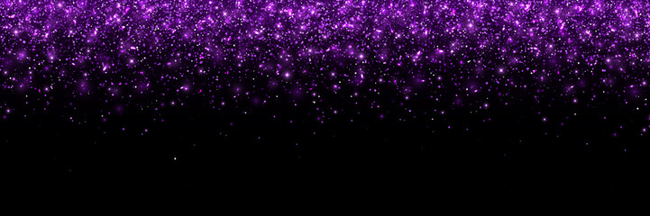 Purple glittering particles on black background, wide banner. Vector
