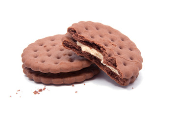 tasty eaten sandwich cookies isolated on the white