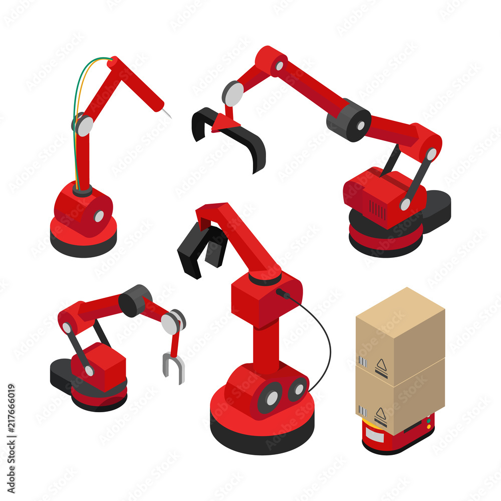 Poster robots set with hydraulic mechanisms vector banner
