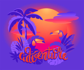 Fototapeta na wymiar tropical retro background adventure . Vector illustration in retro style