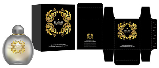 Fototapeta na wymiar Packaging design, Label on cosmetic container with black and gold luxury box template and mockup box. vector illustration.