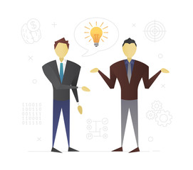 Businessmen discussing business idea flat character design