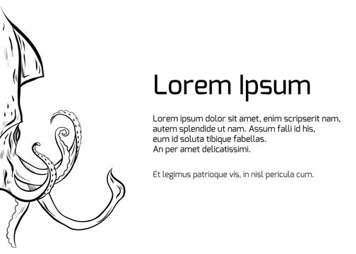 Template banner with contour black and white illustration with of squid. Linear illustration for presentations, banners, articles, postcards and your design