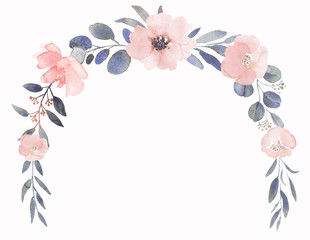 Bouquet composition decorated with dusty pink watercolor flowers and eucalyptus greenery