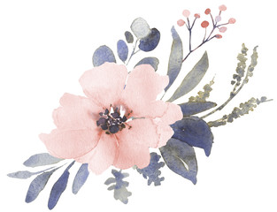 Bouquet composition decorated with dusty pink watercolor flowers and eucalyptus greenery