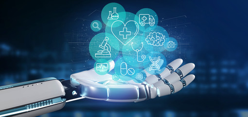 Cyborg hand holding a Medical icon and connection 3d rendering