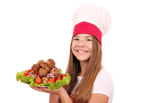 happy girl cook with meatballs