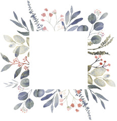 Frame composition decorated with dusty pink watercolor flowers and eucalyptus greenery