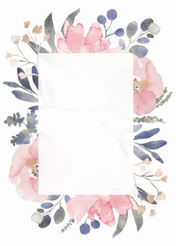 Frame composition decorated with dusty pink watercolor flowers and eucalyptus greenery