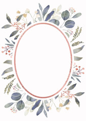 Frame composition decorated with Dusty pink watercolor flowers, eucalyptus greenery and rose gold