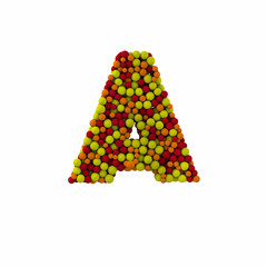 Letter A made of brown woolen balls, isolated on white, 3d rendering