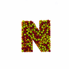 Letter N made of brown woolen balls, isolated on white, 3d rendering