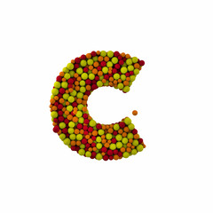 Letter C made of brown woolen balls, isolated on white, 3d rendering