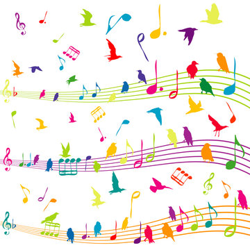 Abstract music note with silhouettes of birds flying