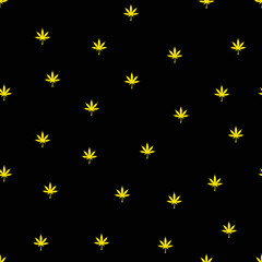 Golden marijuana leaf seamless pattern. Hand drawn narcotic cannabis dark background. Hemp vector illustration backdrop.