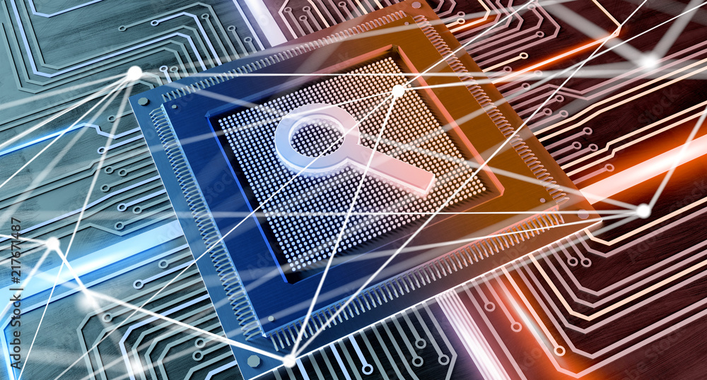 Poster cpu processor chip with a search request and network connection on a circuit board - 3d render