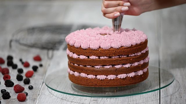 Preparing making chocolate cake with berries. Woman's hand decorate cake.
