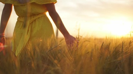 A girl in a red dress runs across the field at sunset