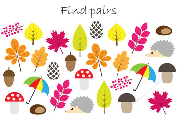 Find pairs of identical pictures, fun education game with autumn theme for children, preschool worksheet activity for kids, task for the development of logical thinking, vector illustration - 217673828