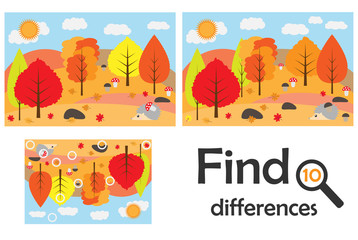 Find 10 differences, game for children, autumn forest in cartoon style, education game for kids, preschool worksheet activity, task for the development of logical thinking, vector illustration
