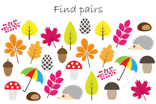 Find pairs of identical pictures, fun education game with autumn theme for children, preschool worksheet activity for kids, task for the development of logical thinking, vector illustration