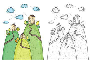 Illustration of houses with trees on hill