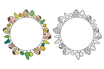 Illustration of doodle houses on circle.