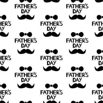 Seamless pattern with black phrases Father's day, mustache and bow tie on the white background