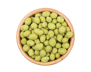 top view of wasabi crispy peanut snack balls in a wooden cup isolated on white background.