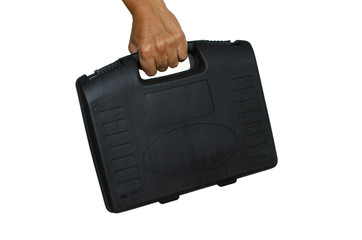 hand holds a black plastic case on a white background isolate