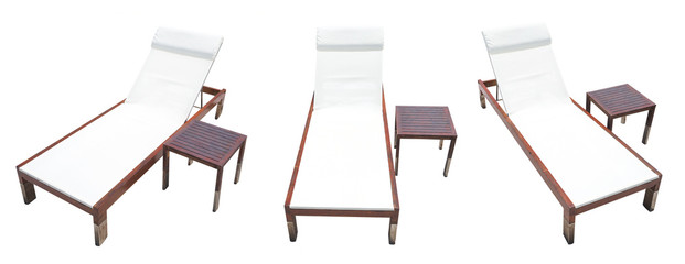 Beach bed with wood table Isolated on White Background. Three views on front , left and right