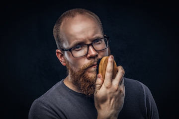 Close up portrait of a redhead bearded male wearing glasses dressed in a gray t-shirt, cares about his beard using a beard brush. Isolated on dark textured background. - obrazy, fototapety, plakaty