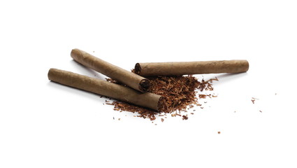 Cigarillos and tobacco pile isolated over white background