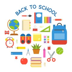 Circle school Bag icon and school supplies poster , flat design