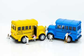 Miniature people : Workers make up the car. Image use for cleaning and maintenance, business autocar concept.